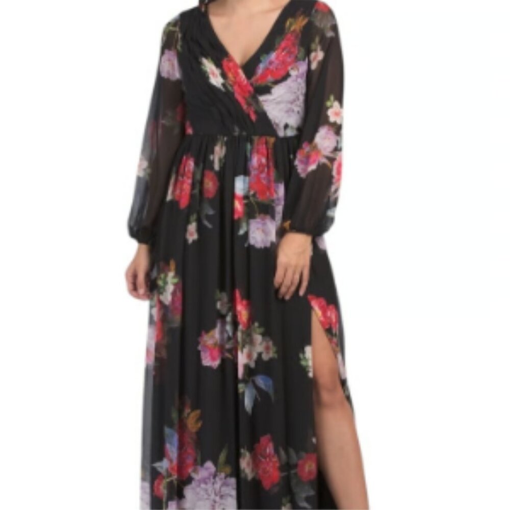 Black Multi Floral Chiffon Gown - Picture 2 of 7